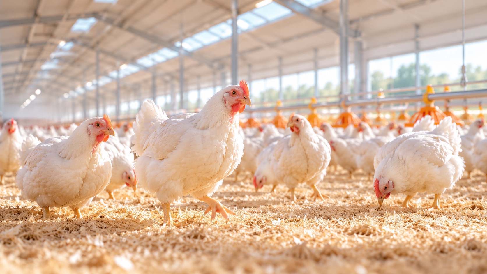 Healthy broiler chickens in a clean, modern poultry house