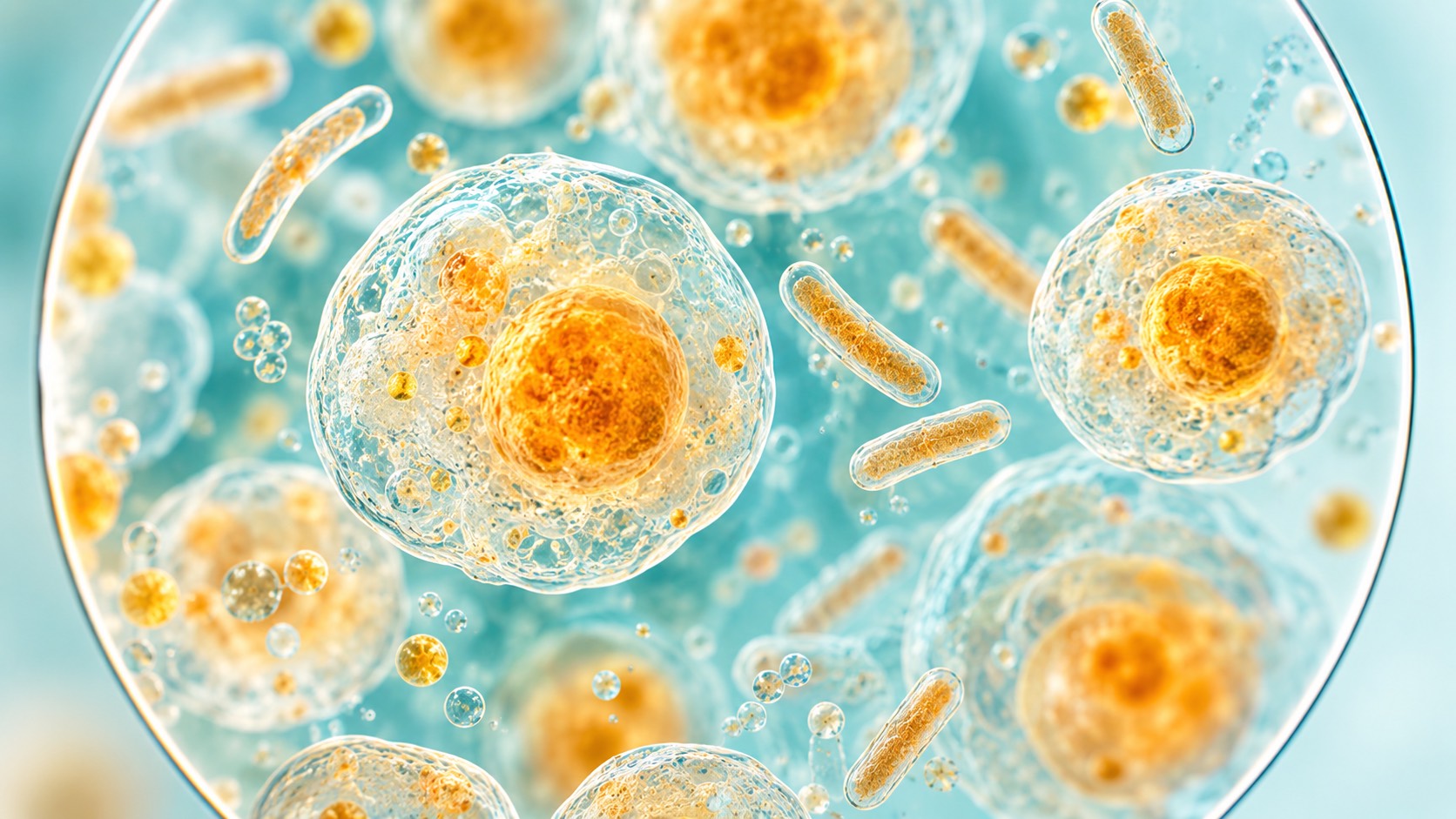 Abstract microscopy view of cells and bacteria in teal and amber