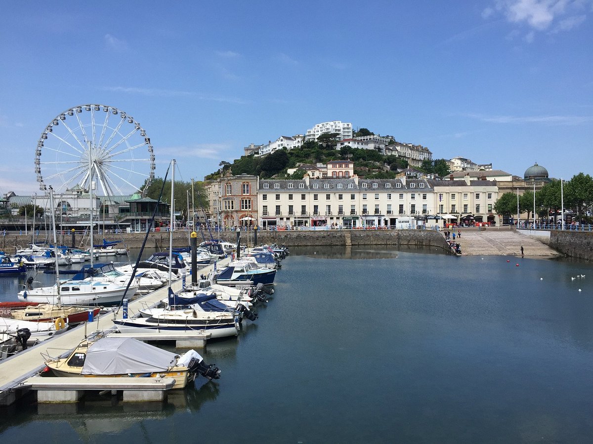 Torquay harbour with moored boats and the town rising behind