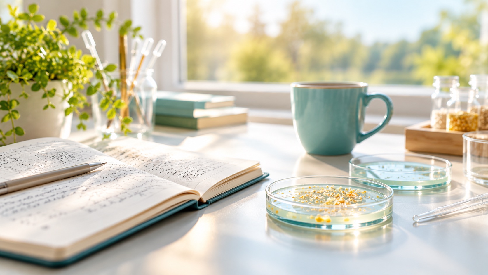 A tidy research workbench with notebooks and petri dishes in daylight